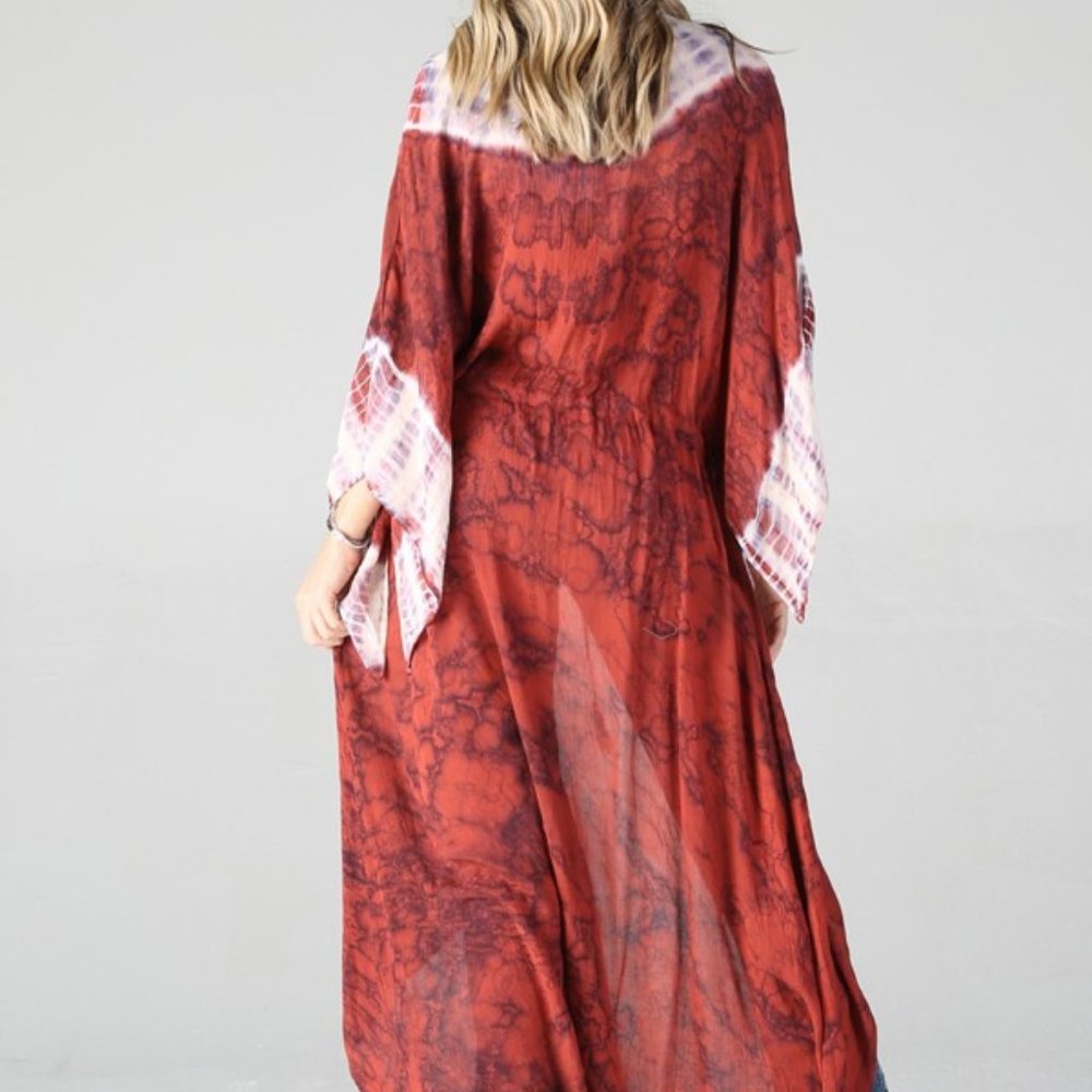 5⭐️!! NWT Boho Tie Dye Kimono Duster Red/White Small - Picture 2 of 12